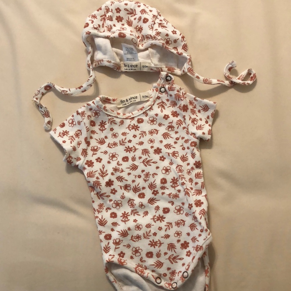Fin and Vince onsie and bonnet